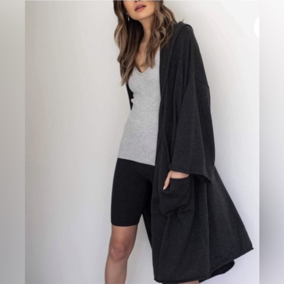 Lunya Cozy Cotton Silk Oversized Hooded Open Long Cardigan in Charcoal - Picture 2 of 13